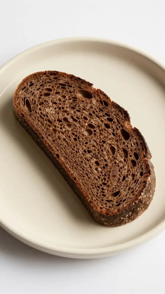 Dark rye slice on warm-cream ceramic saucer