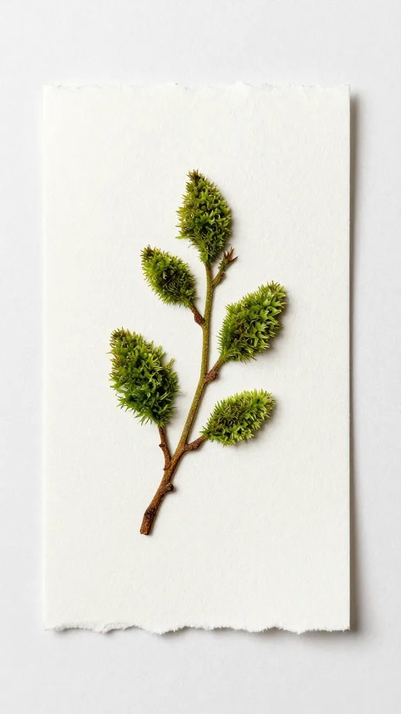 Moss sprig on torn-edge handmade paper place card