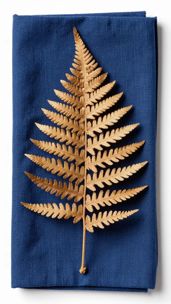 Dried fern frond on ink-blue linen napkin