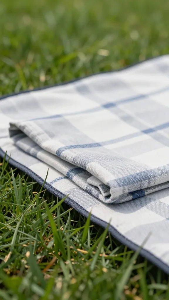 closeup of folded picnic blanket on green grass