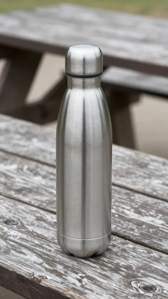 single stainless steel water bottle on weathered picnic table