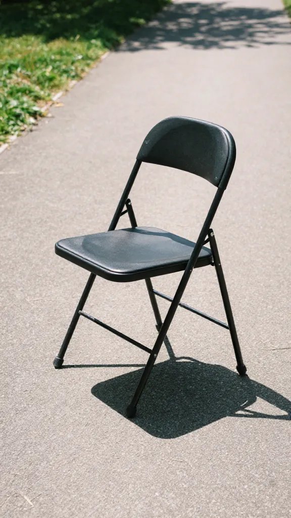 lone folding chair casting shadow on park path