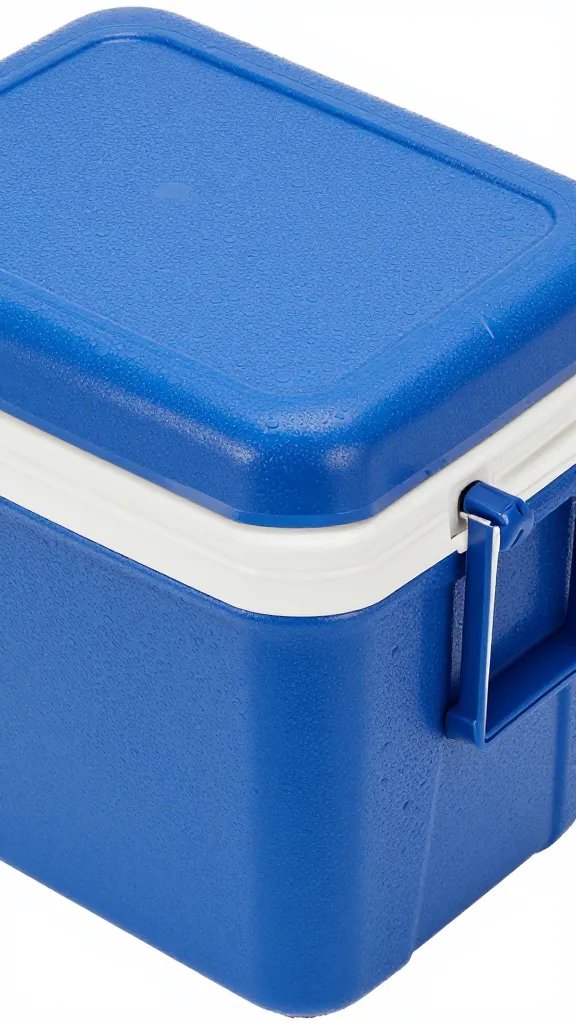 small blue cooler with condensation on lid