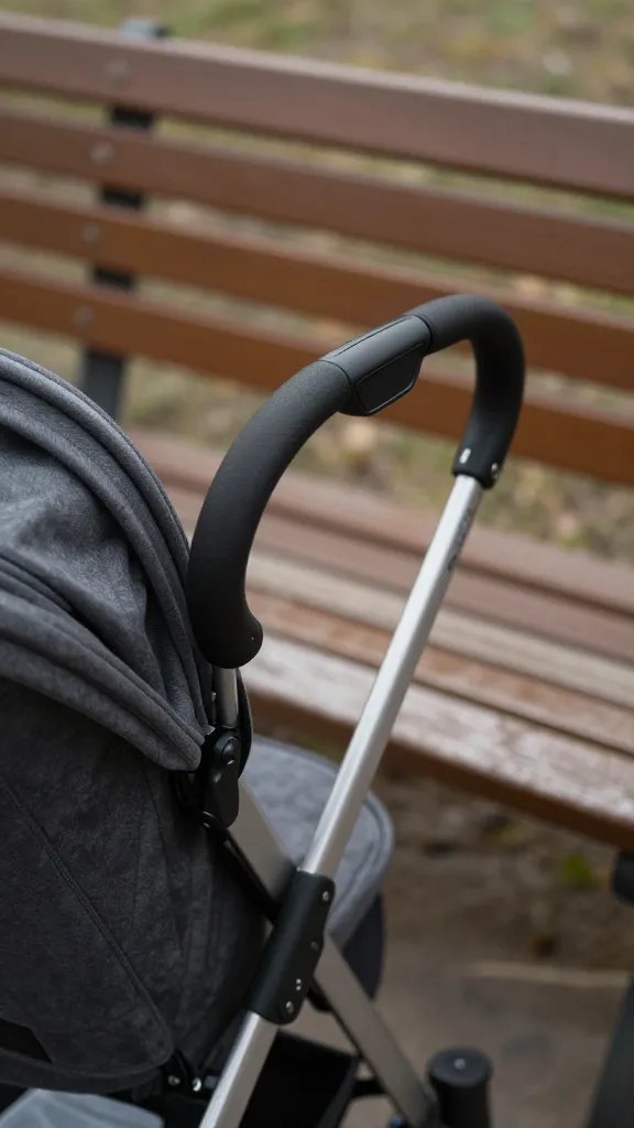 stroller parked beside bench, handle in focus