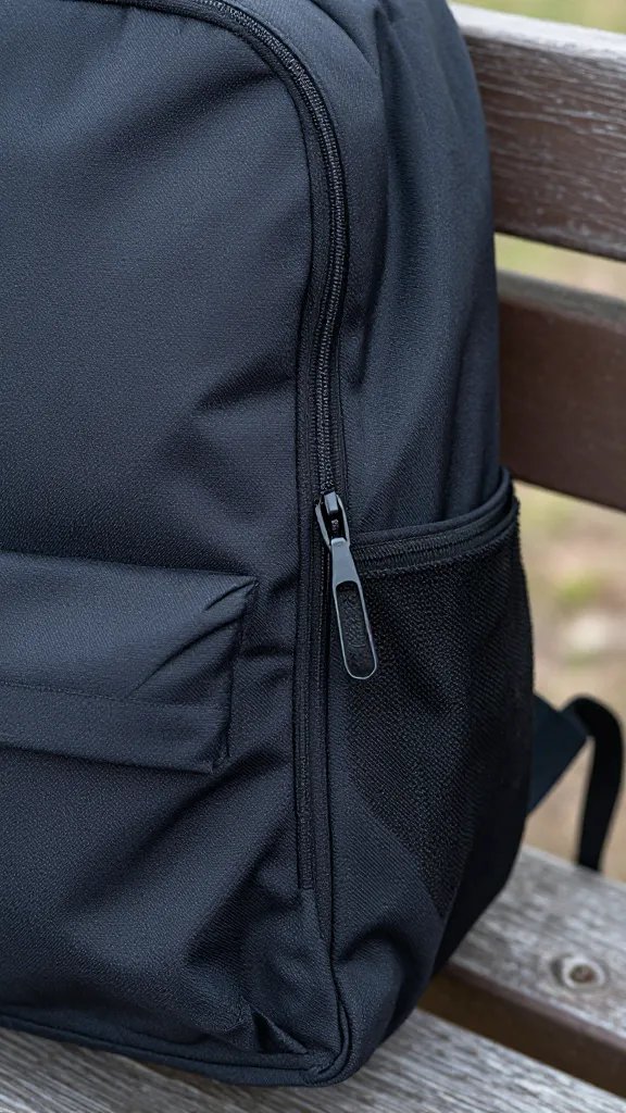 backpack resting on picnic bench, zipper pull detailed