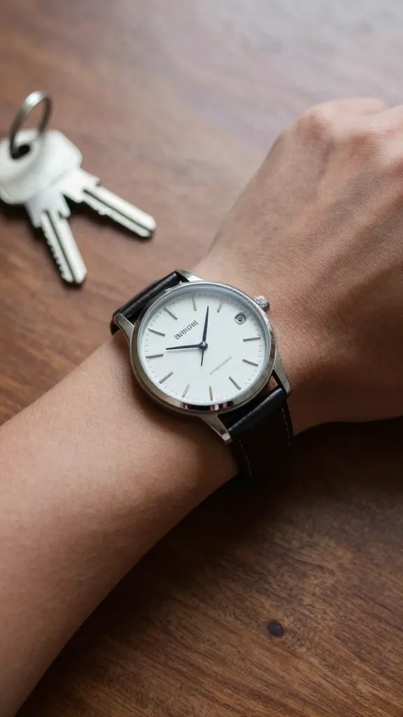 wristwatch hand resting on table edge, keys nearby