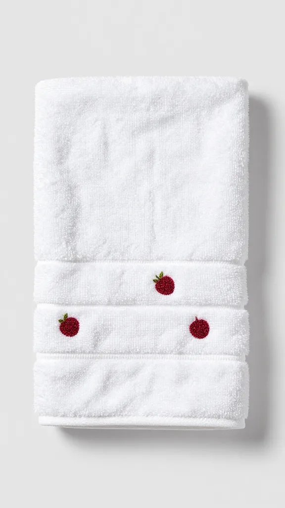 single folded white microfiber towel with berry blotch