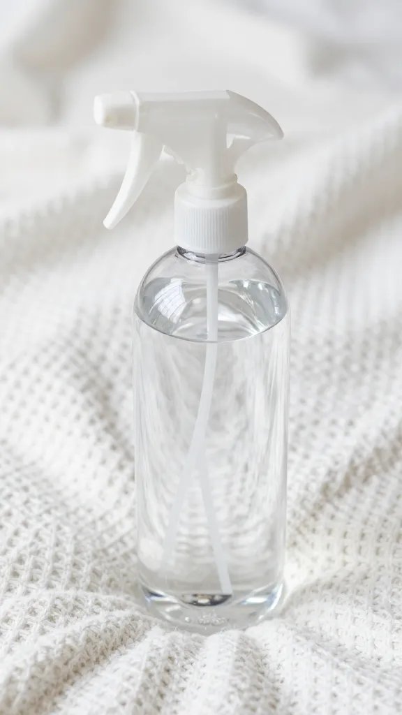 clear spray bottle labeled water over white blanket weave