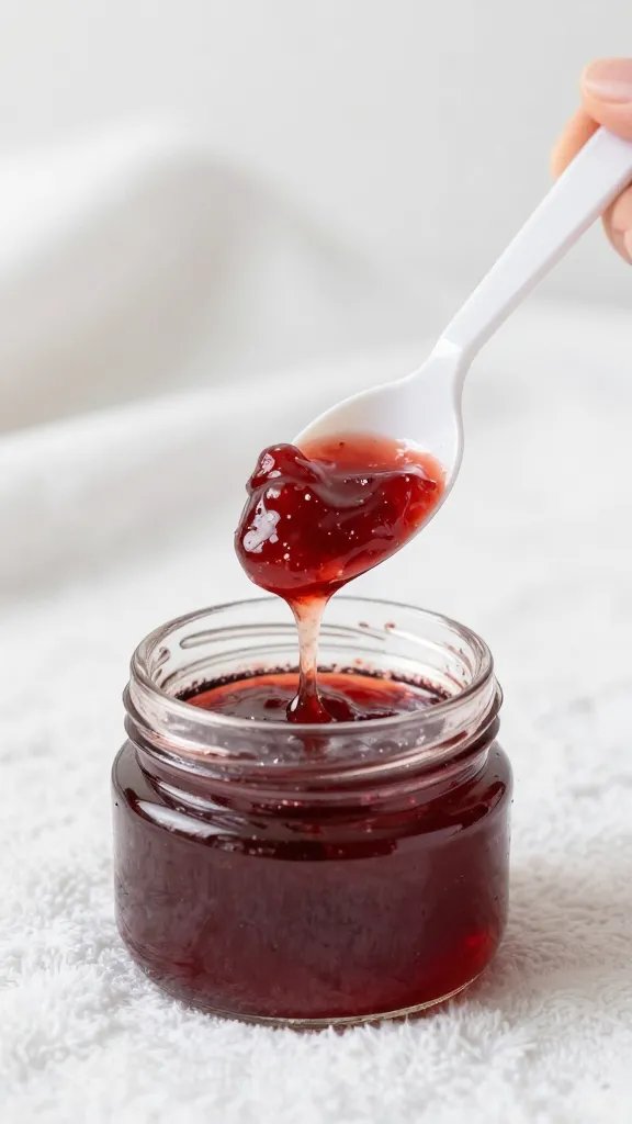 single plastic spoon lifting jam from white blanket