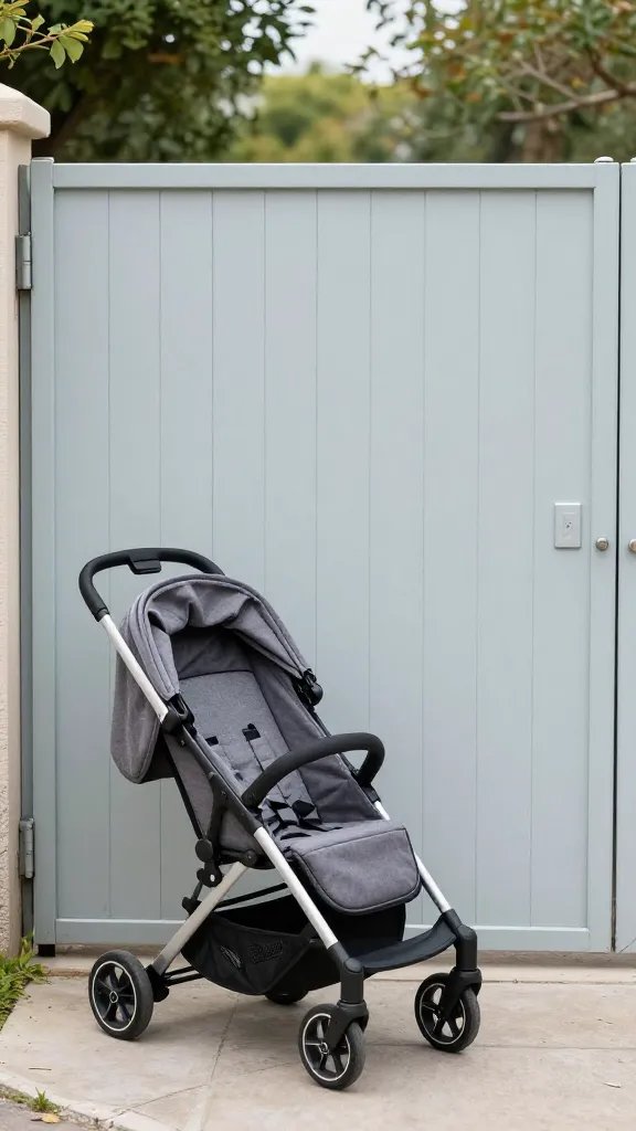 Single stroller parked beside closed garden gate