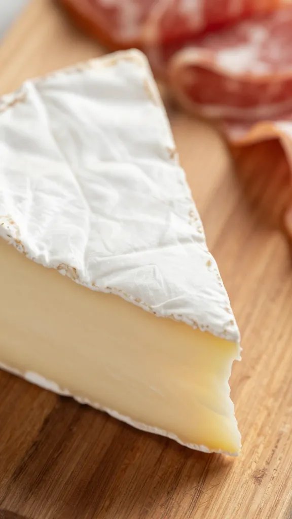 Closeup of charcuterie board corner with brie wedge