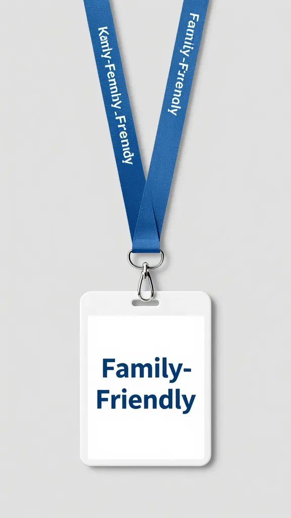 Kids’ activity badge labeled “Family-Friendly” on lanyard