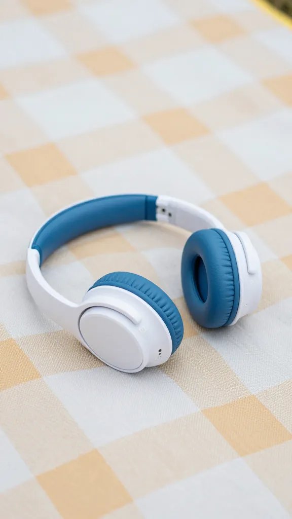 Child’s noise-canceling headphones on picnic blanket