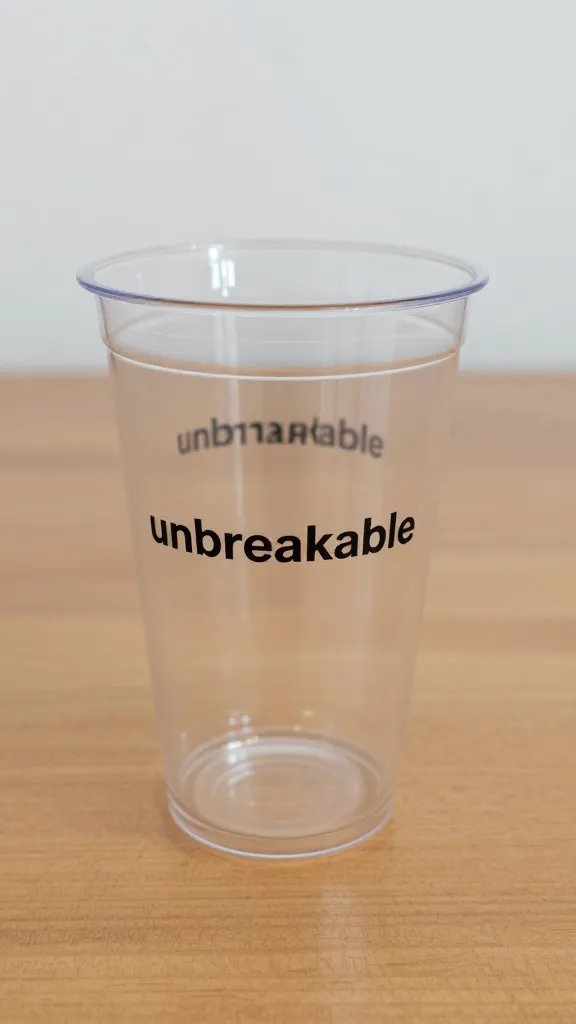 Single plastic tumbler labeled “unbreakable” on table