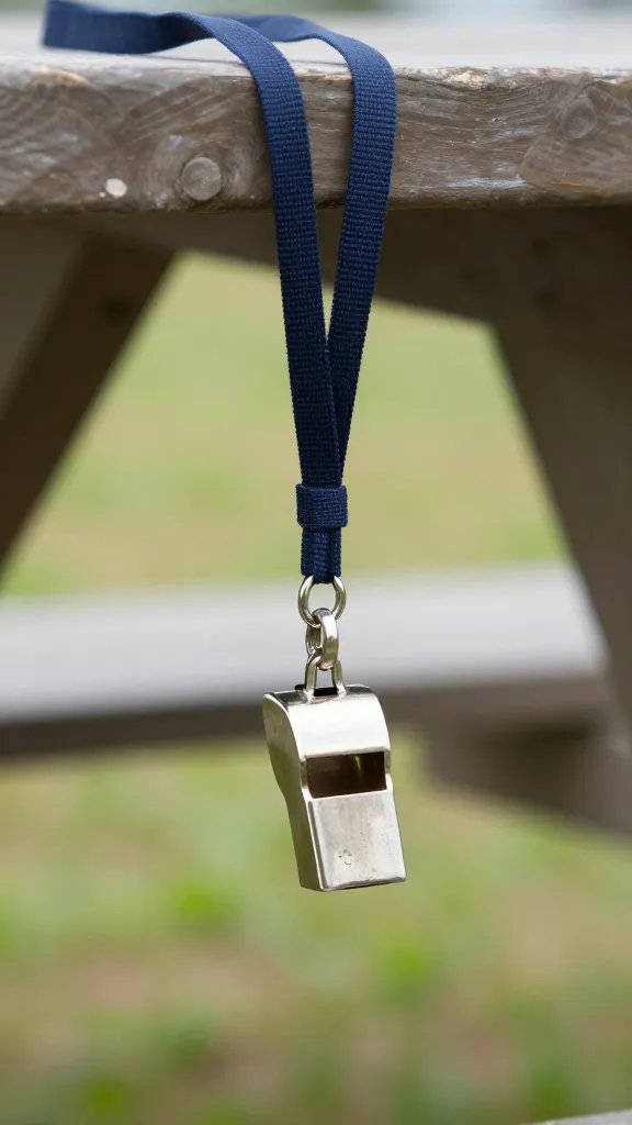 whistle hanging from navy lanyard on picnic table