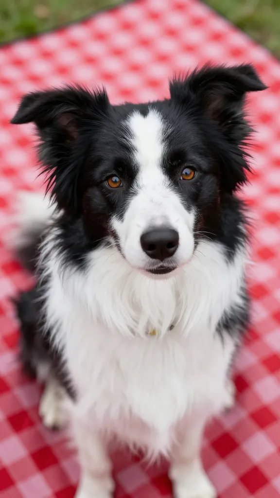 leashed border collie beside red picnic blanket, closeup