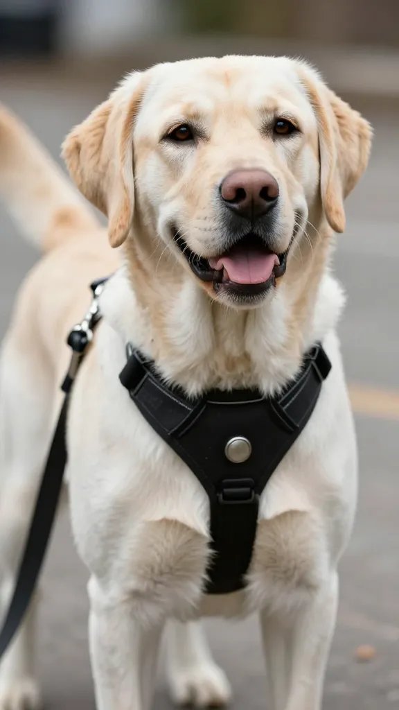 yellow lab wearing front-clip harness, tight leash, close shot