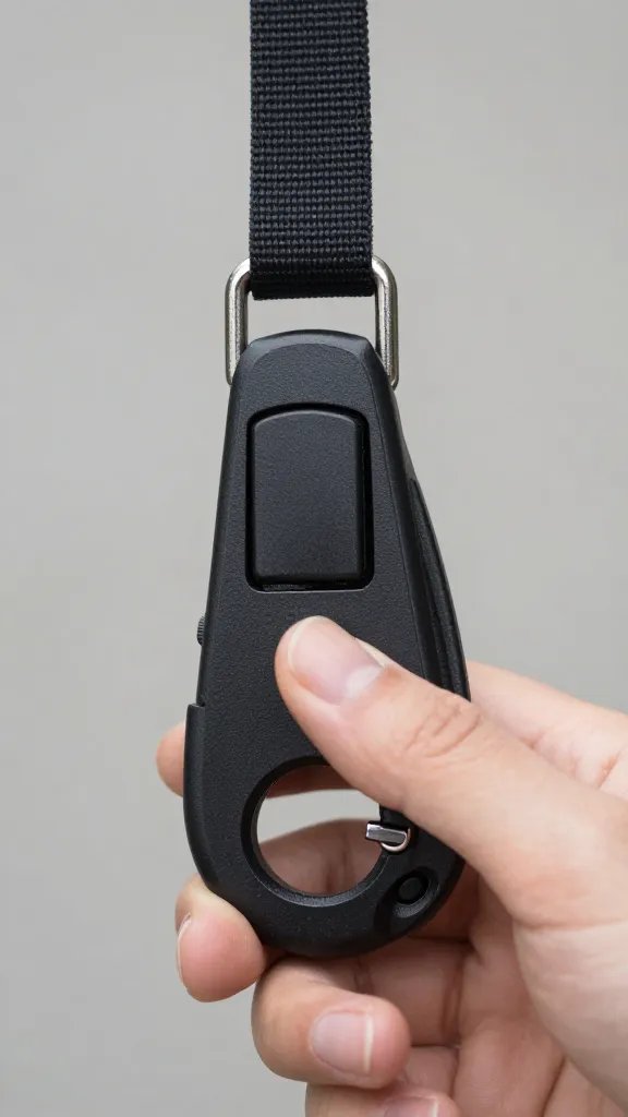 closeup of retractable leash locked button, thumb pressing