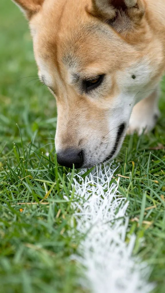 dog nose sniffing grass near white boundary line, closeup