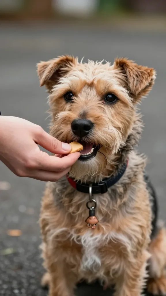 trainer’s hand offering treat to leashed terrier, close shot