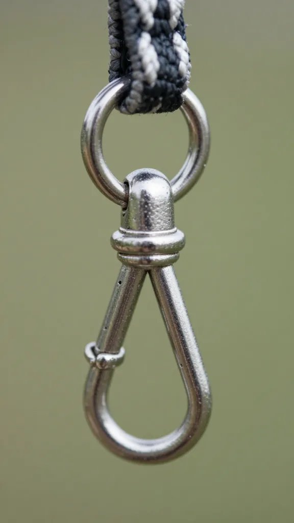 metal leash clip attached to collar D-ring, macro