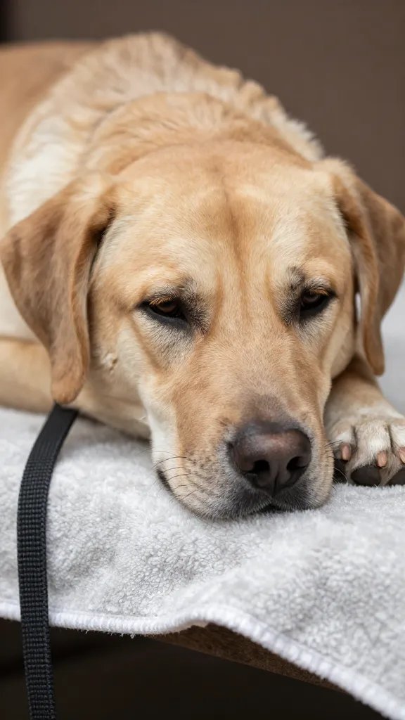 closeup of calm dog lying on blanket edge, leash visible