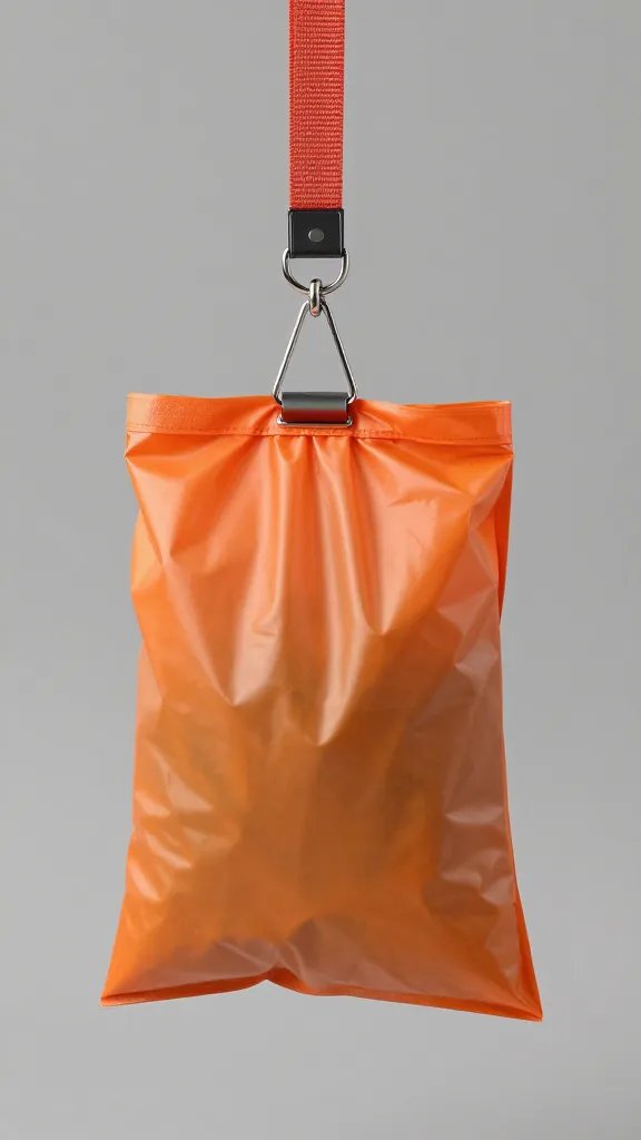 single orange waste bag dispenser clipped to leash, closeup