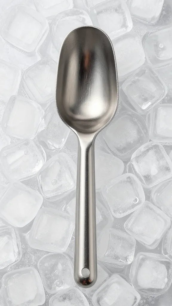 stainless steel ice scoop with melting ice cubes