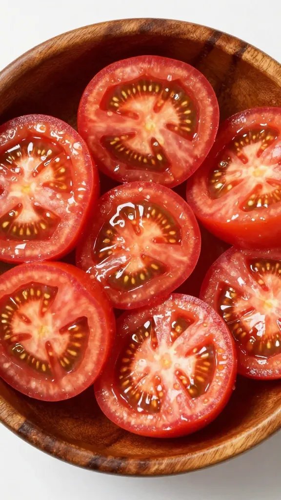 wooden salad bowl of tomato salad, overhead closeup