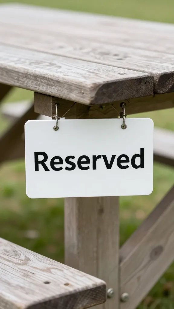 closeup of park picnic table corner with reserved sign