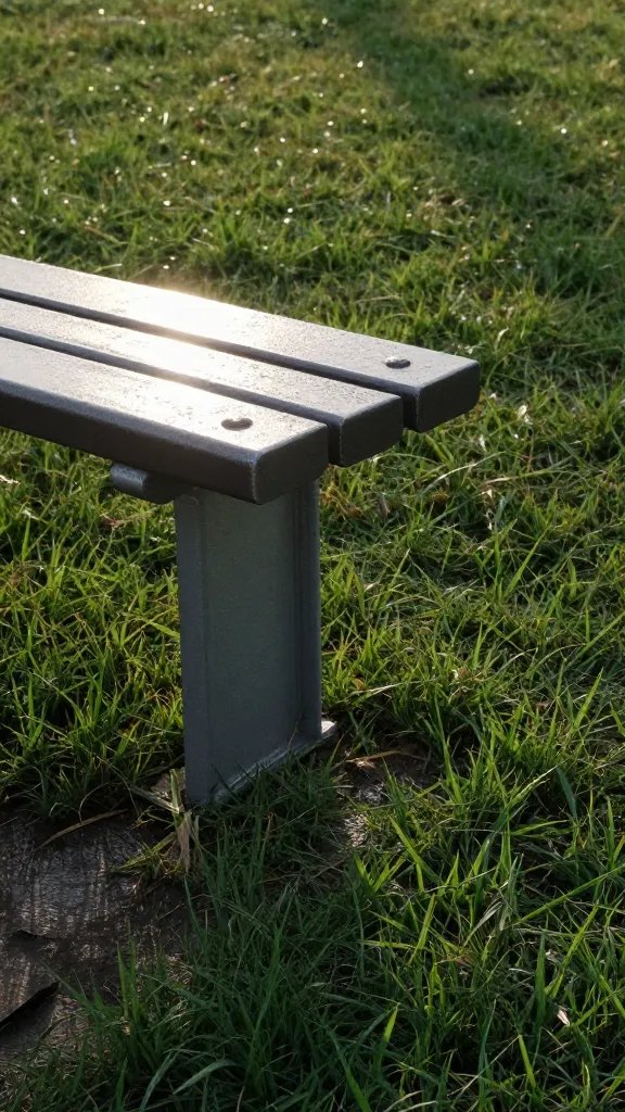 single metal park bench leg on wet grass, morning light