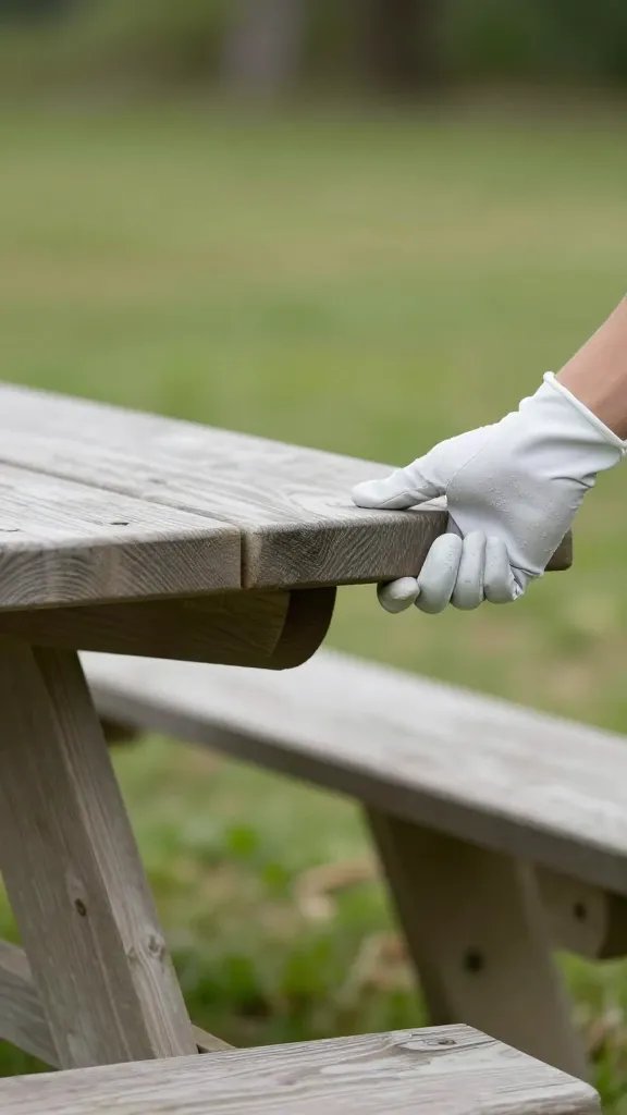 single gloved hand lifting picnic table end, side view