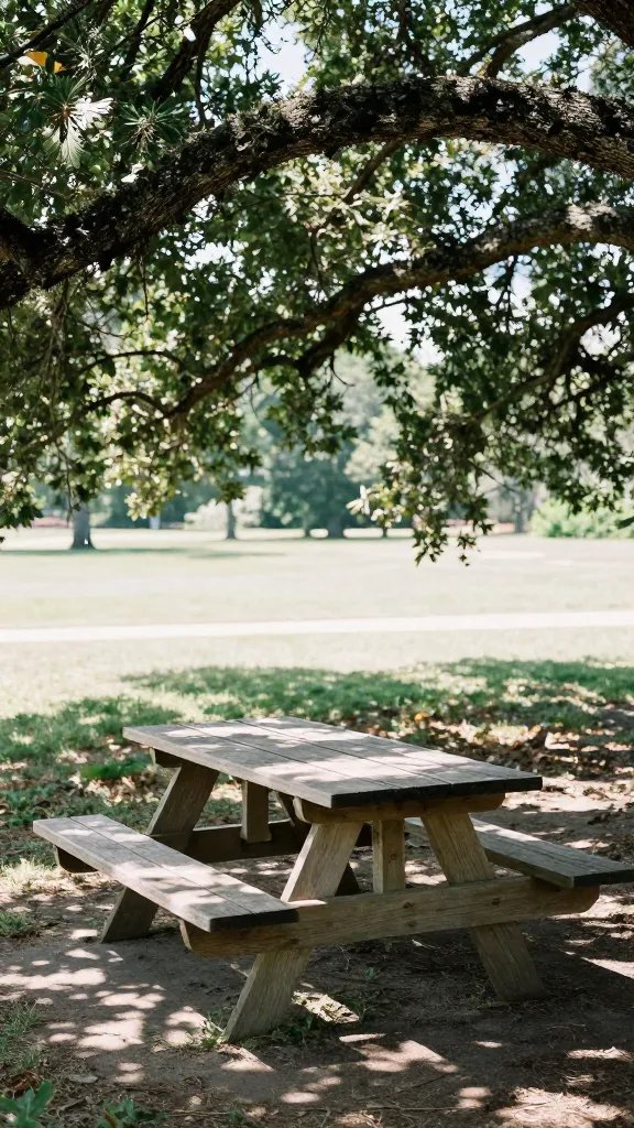single shaded picnic table under oak canopy, noon