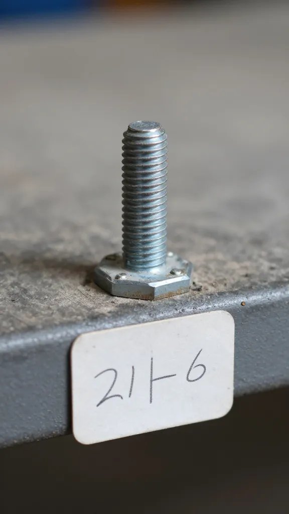 closeup of maintenance tag on bolt securing bench