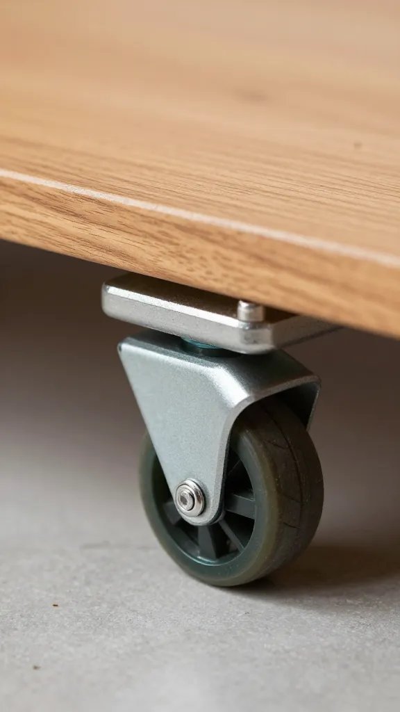 single portable dolly wheel beneath wooden table edge
