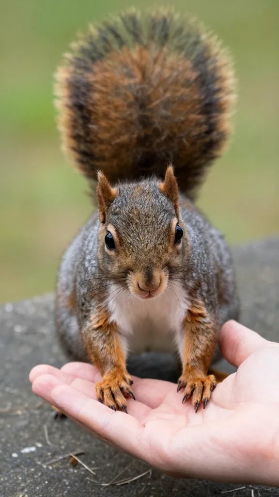 single gray squirrel reaching toward empty human hand, closeup