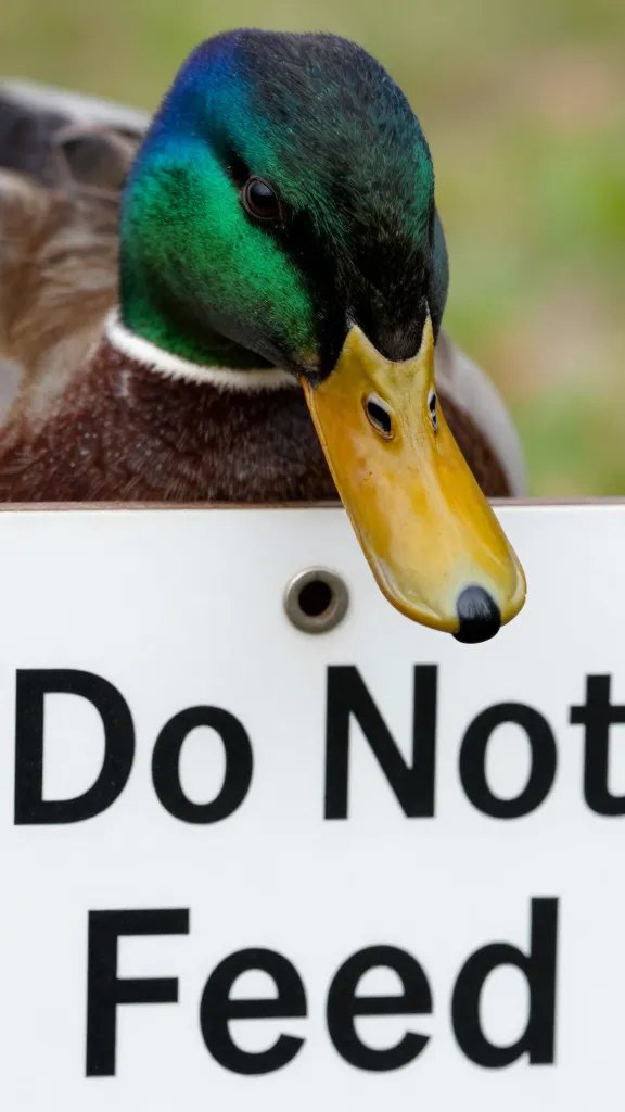 closeup of mallard duck bill near “Do Not Feed” sign