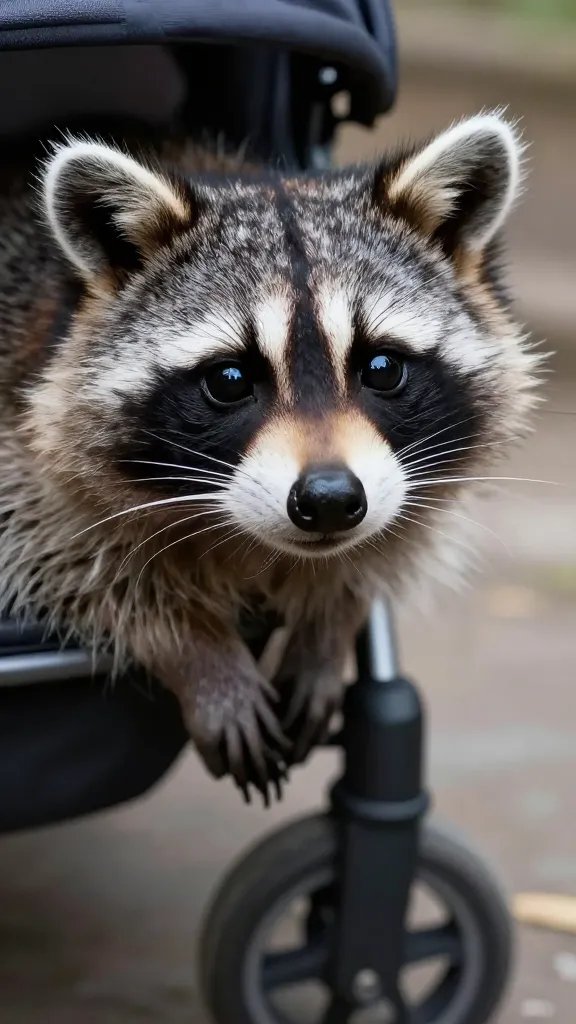 raccoon face with curious eyes near stroller wheel, closeup