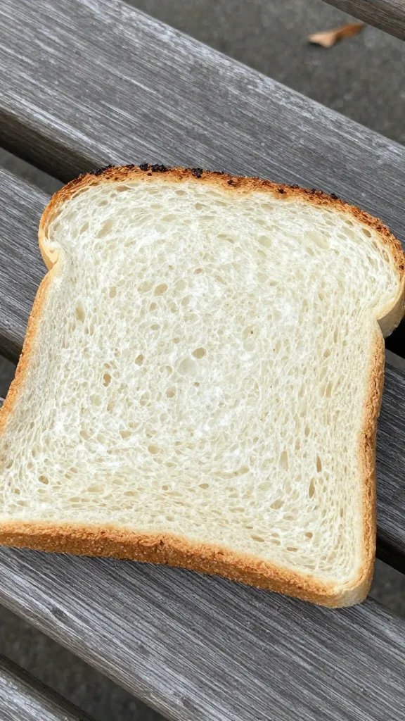 closeup of stale white bread slice on park bench slat