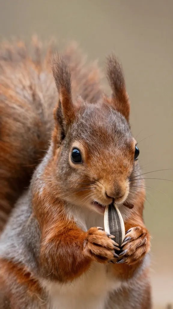 single red squirrel holding sunflower seed shell, closeup