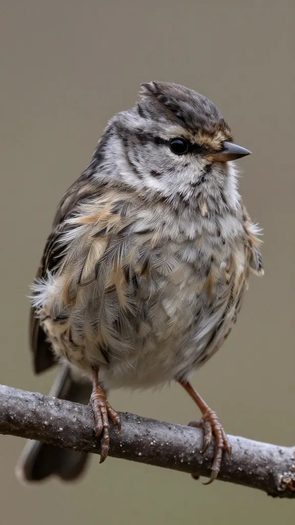 closeup of songbird with ragged feathers on branch