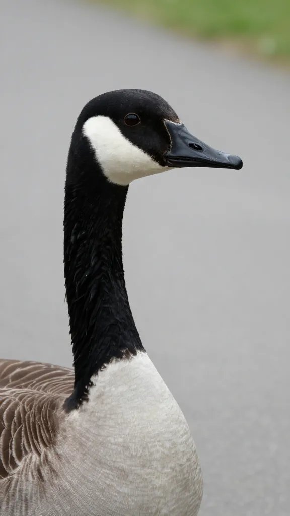 single Canada goose beak open beside paved path, closeup