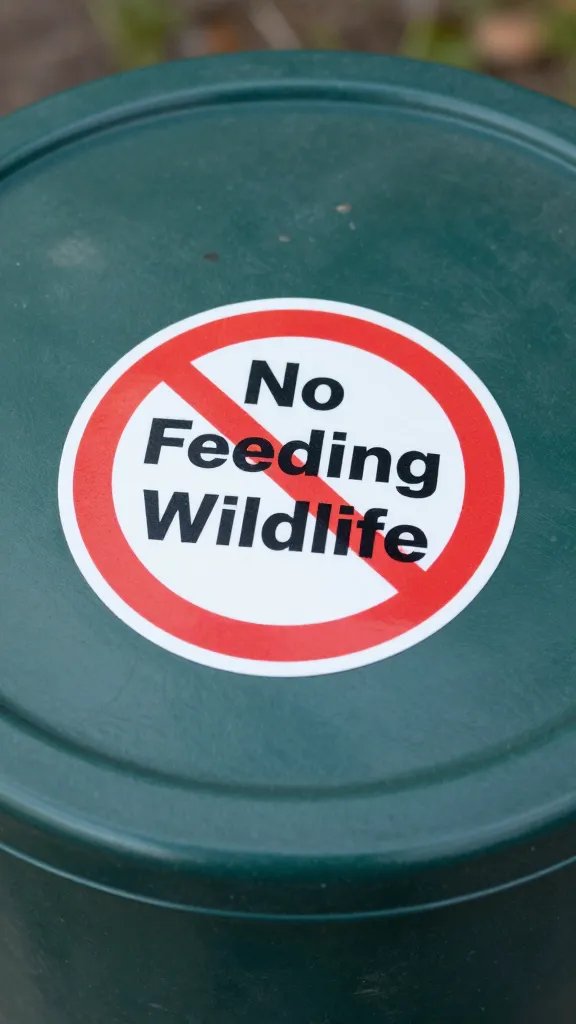closeup of trash can lid with “No Feeding Wildlife” sticker