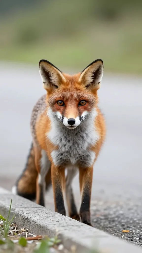 single fox staring toward roadside curb, telephoto closeup