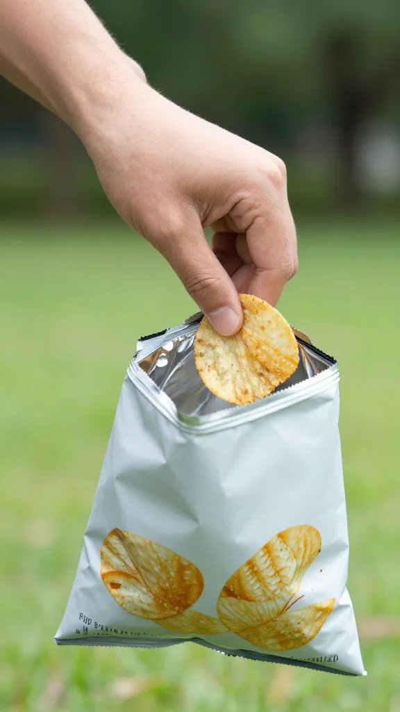 closeup of human hand sealing bag of chips in park setting