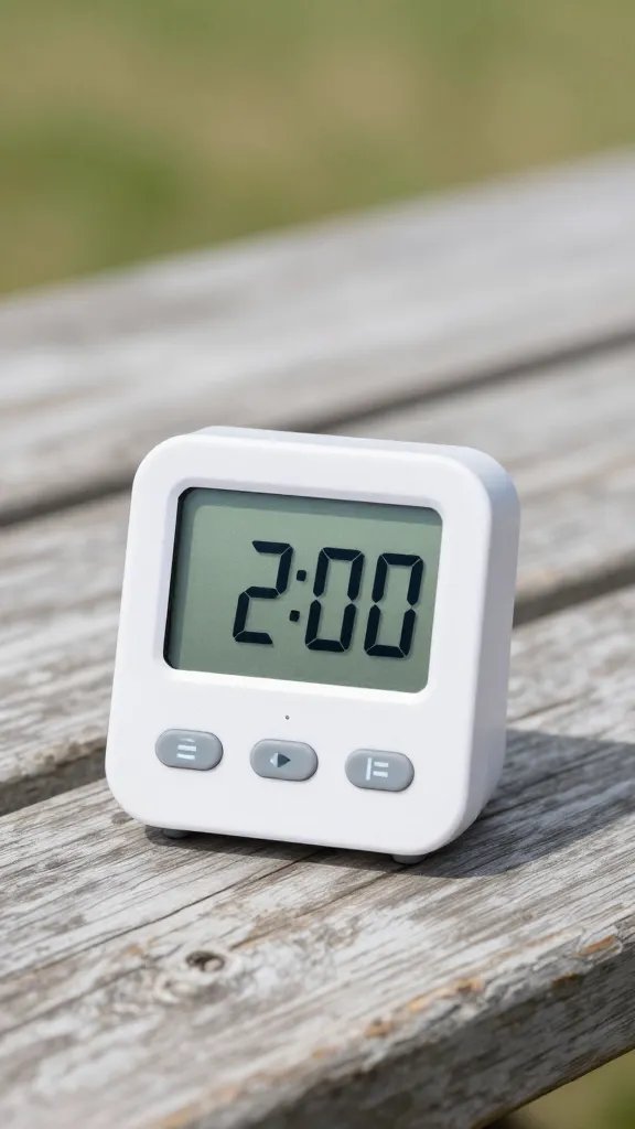 digital kitchen timer reading 2:00 on picnic table