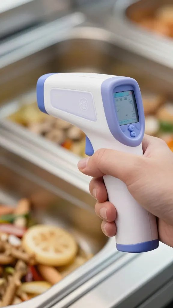 handheld infrared thermometer aimed at buffet pan