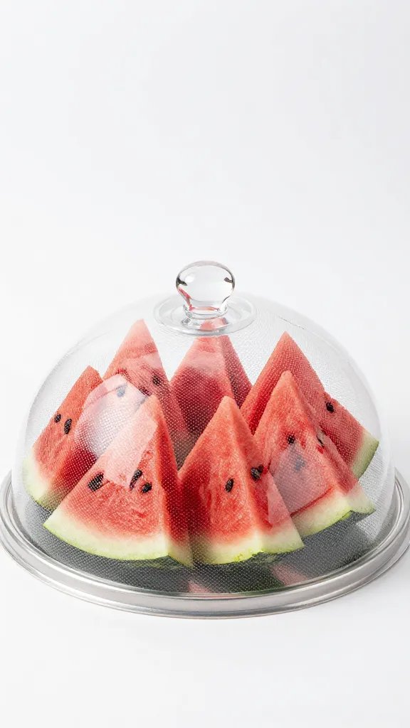 single platter of watermelon slices under mesh food dome