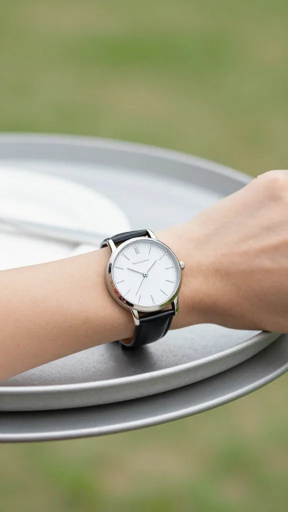 wristwatch alarm vibrating beside serving tray outdoors