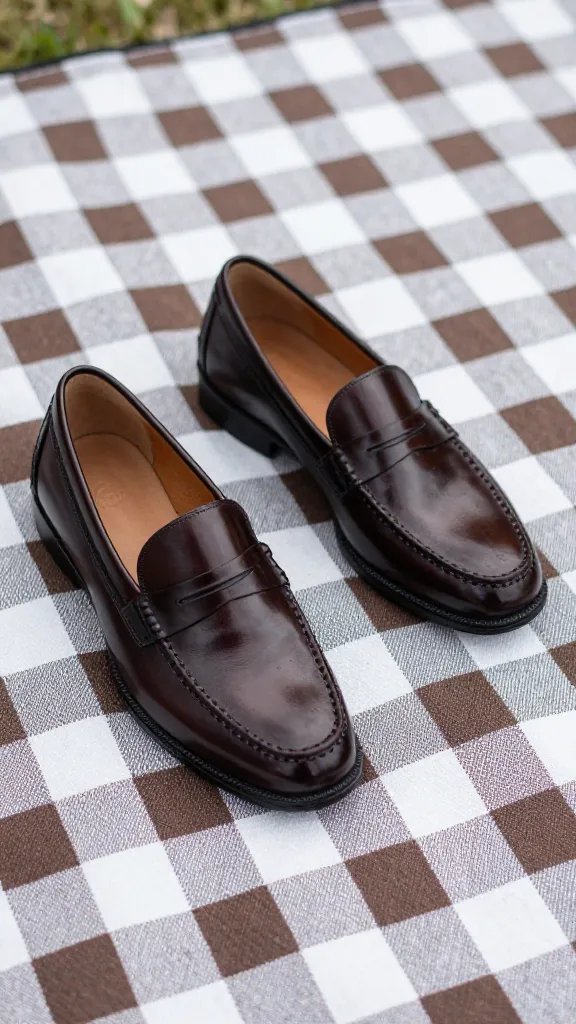 man’s polished loafers resting on checked picnic blanket